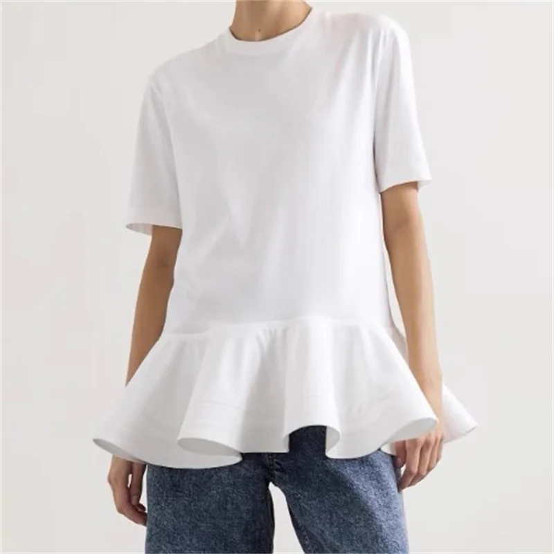 

Women's t-shirt New high-quality pure cotton short sleeved top for summer 2025 ruffled slim fit round neck pullover y2k clothes