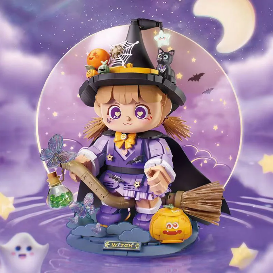 

Halloween Little Witch Mini Building Blocks Set DIY Assembled Starry Night Theme Toy with Pumpkin Accent Decor For Kids Gifts