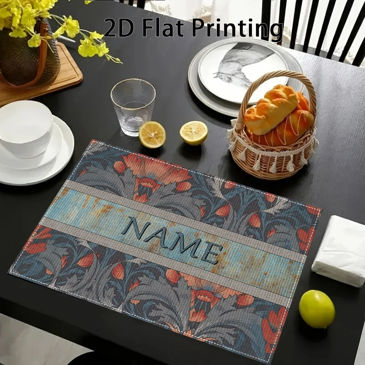 1pcs of Exquisite Retro Custom Name Placemats, Floral Pattern,Holiday Family Party Dinner Personalized Custom Placemats