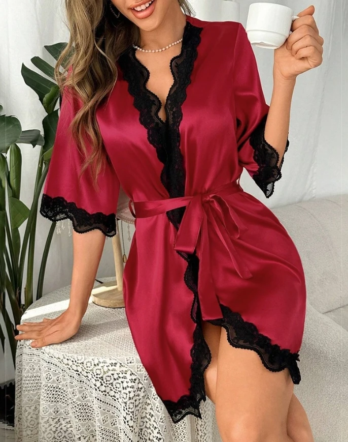 

Women's Fashion Casual Mini Pajamas Home Clothing Satin Lace-Trim Robes Bride Bridesmaid Tied Detail Sleepwear for Women