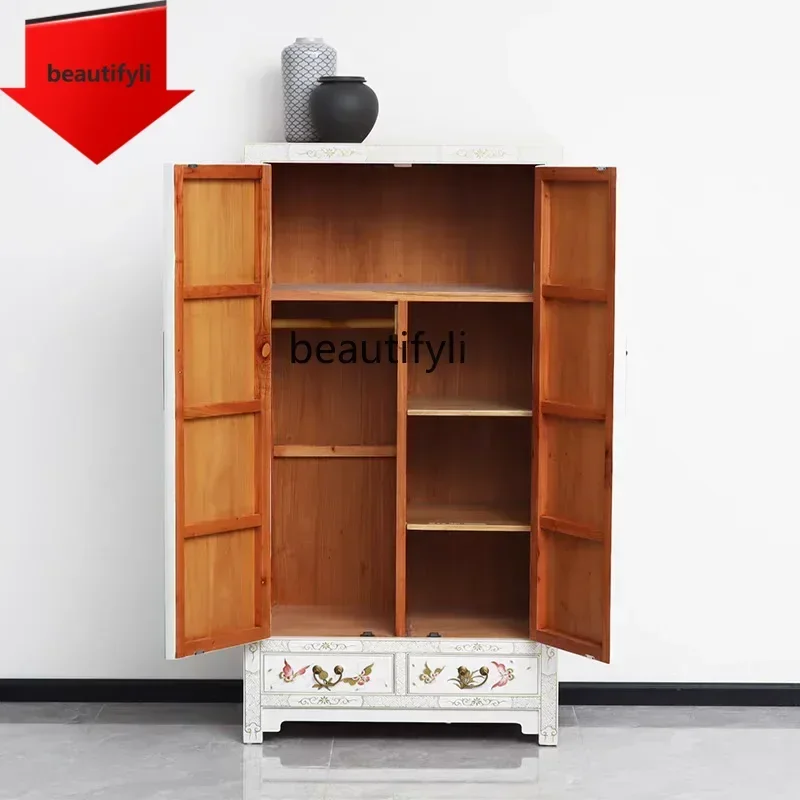 Q181 New Chinese solid wood painted classical pine bedroom storage large wardrobe antique mortise and tenon decorative cabinet