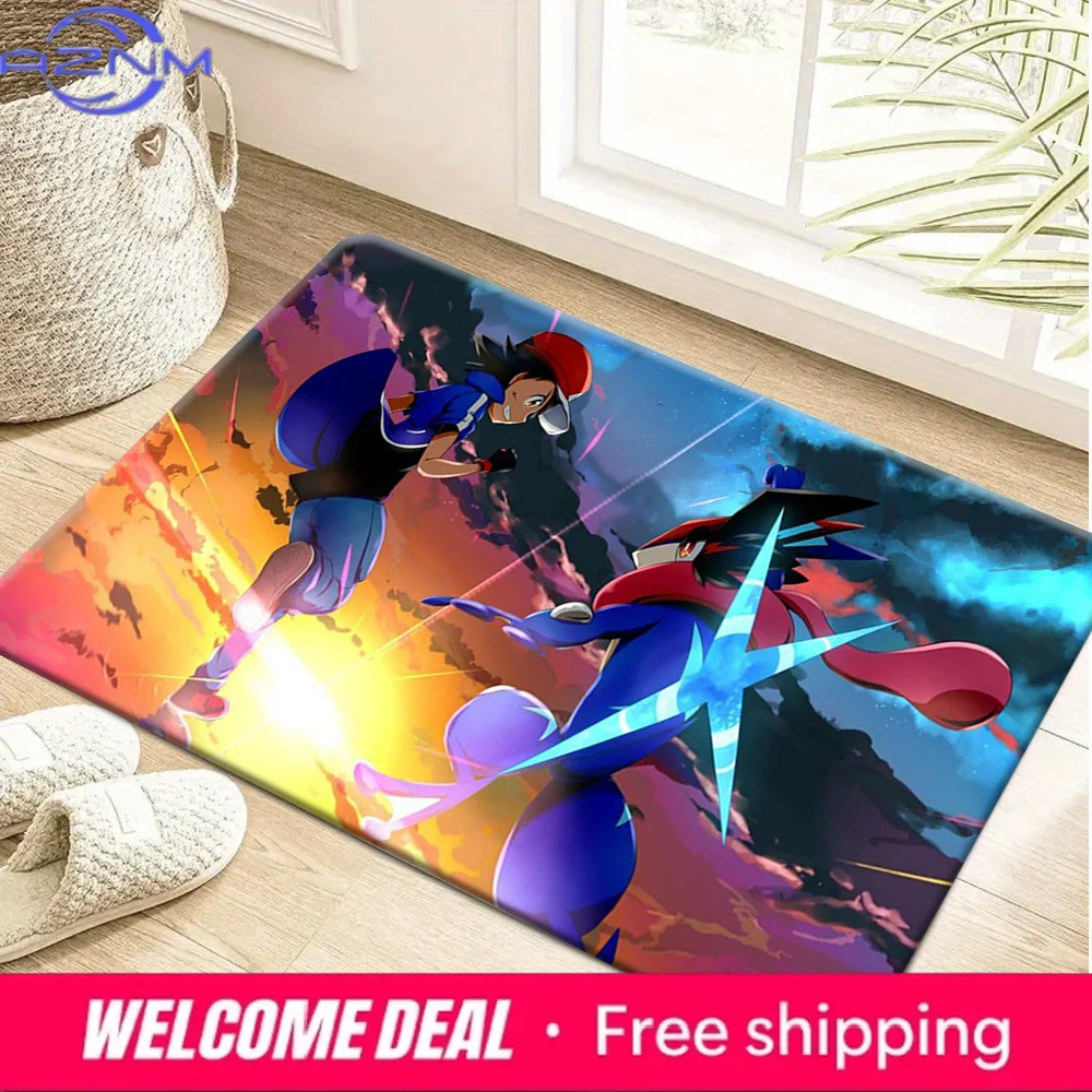 Tapete de Entrada Antiderrapante e Absorvente com Estampa de Cena de Batalha de Anime Ash e Ash-Greninja Pokémon para Casa, Banheiro e Quarto - Tamanho M