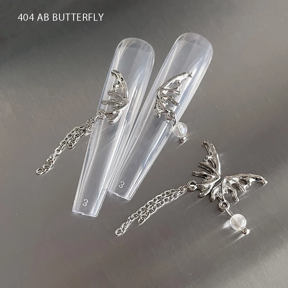 -Two-Tone Butterfly- Chrome Wings Couple Charms Hollow Liquid Metal Line Butterfly Alloy Dangle Chains AB Style Nail Trinket 404