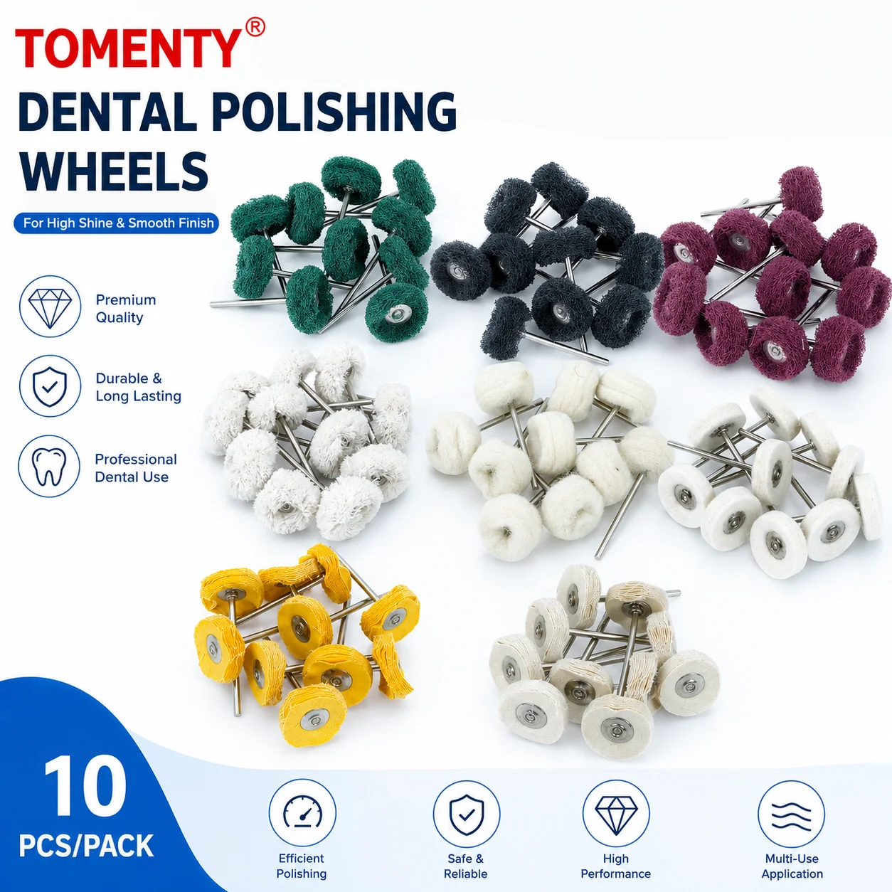 10Pcs WELLCK Dental Lab Polish Brush Wheel Rotary Tools 2.35mm HP Shank Wool & Goat Cotton Black Buff for Dentistry Lab Tool