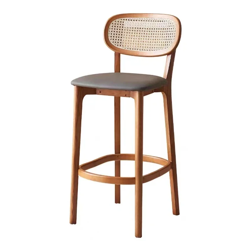 Modern bra room furniture Solid wood frame leather soft seat sponge cushion Rattan back high bar chair stool chair