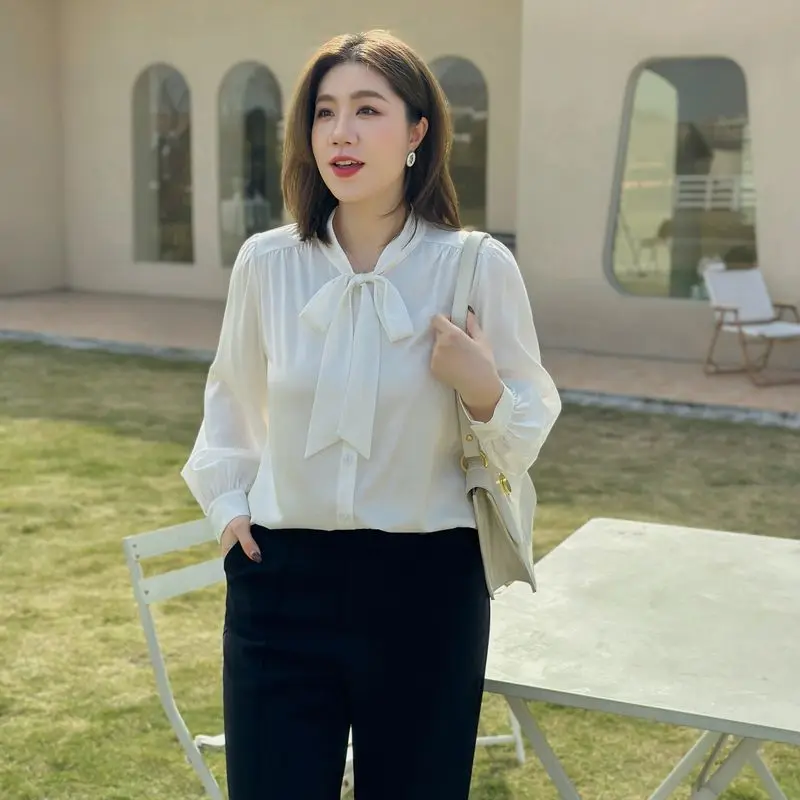 플러스 사이즈 통통녀 셔츠, 프렌치 스타일 루즈핏 살코기, 코디하기 쉬운 슬림 라인 셔츠, 2024 용수철 신상