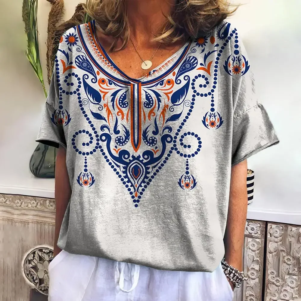 Boho Floral Print T-shirt Ethnic V-neck Summer Short Sleeve Tshirt Ladies Clothing Female Tee Top Oversized Vintage Women Tshirt