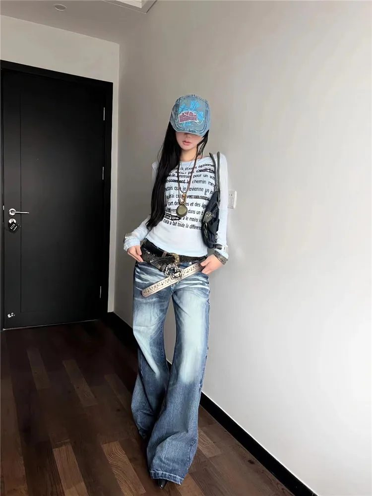 American Retro Blue Wide Leg Micro Flared Denim Jeans Women Loose Slimming Spring Autumn Tall Extended Low Waist Floor-Length...