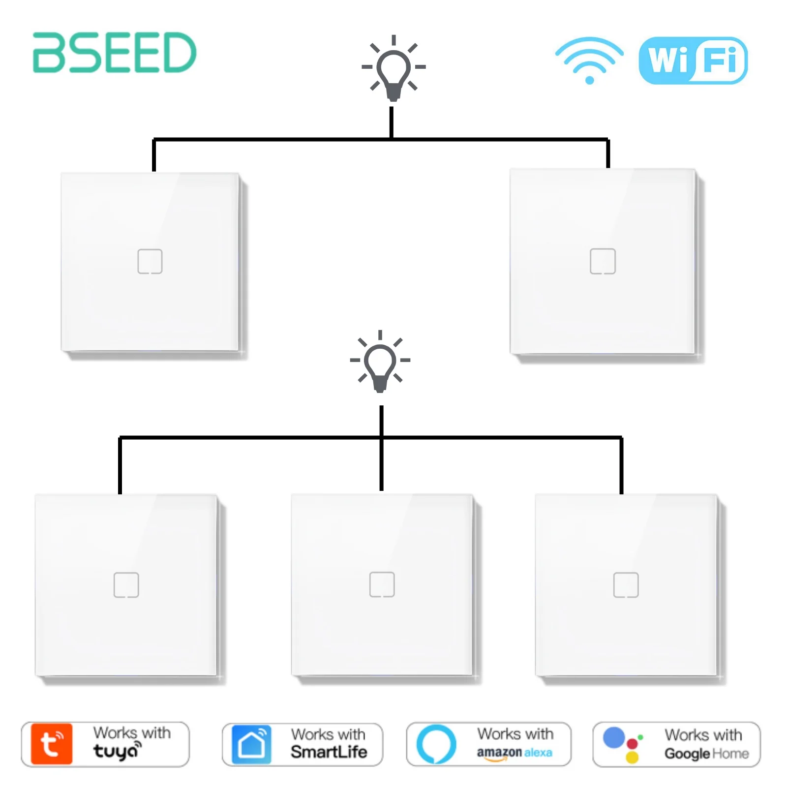 BSEED 1Gang 1/2/3way Wifi Touch Switches E Series Wall Switch For Stairs Tuya Smart Life Alexa App Alice Control 10A For Villa