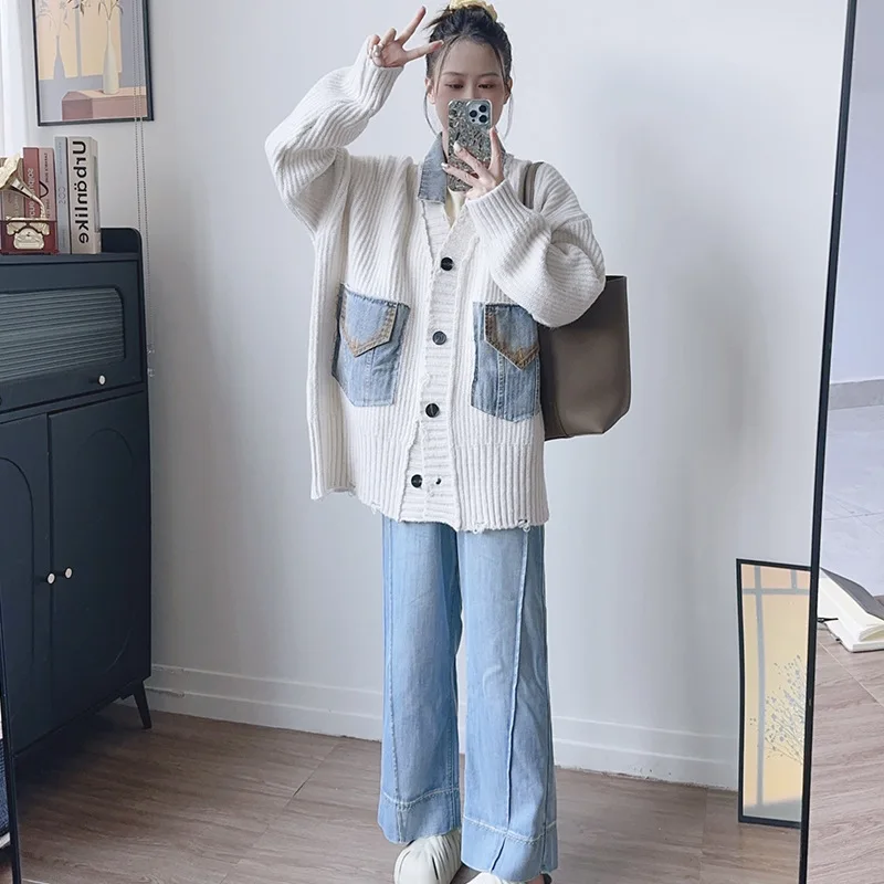 

Coats Women Cardigan Sweaters Full Sleeve Jumpers Y2k Streetwear Elegant Splice Denim Open Stith Casual Loose Autumn Winter