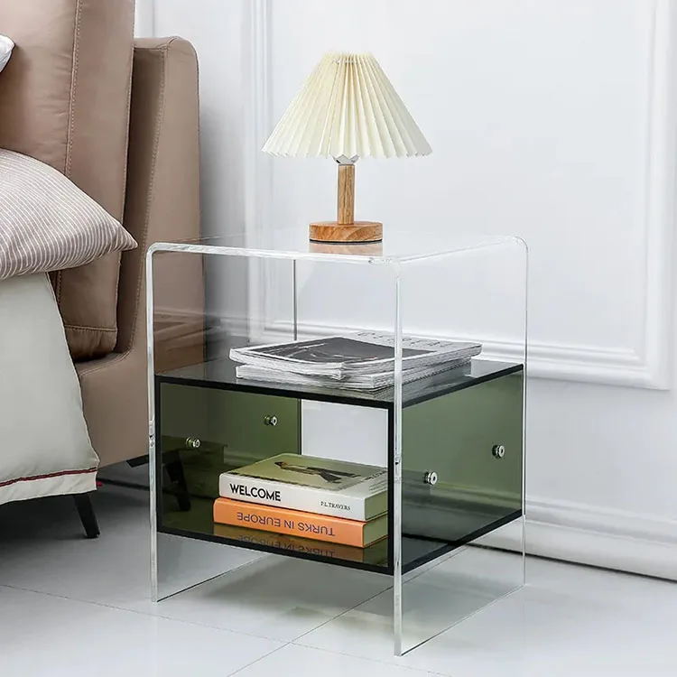 ！@Clear Acrylic Bedside Table With extra Storage Basket on Wheels Decorative Coffee Tables Home Display Bathroom Side Table