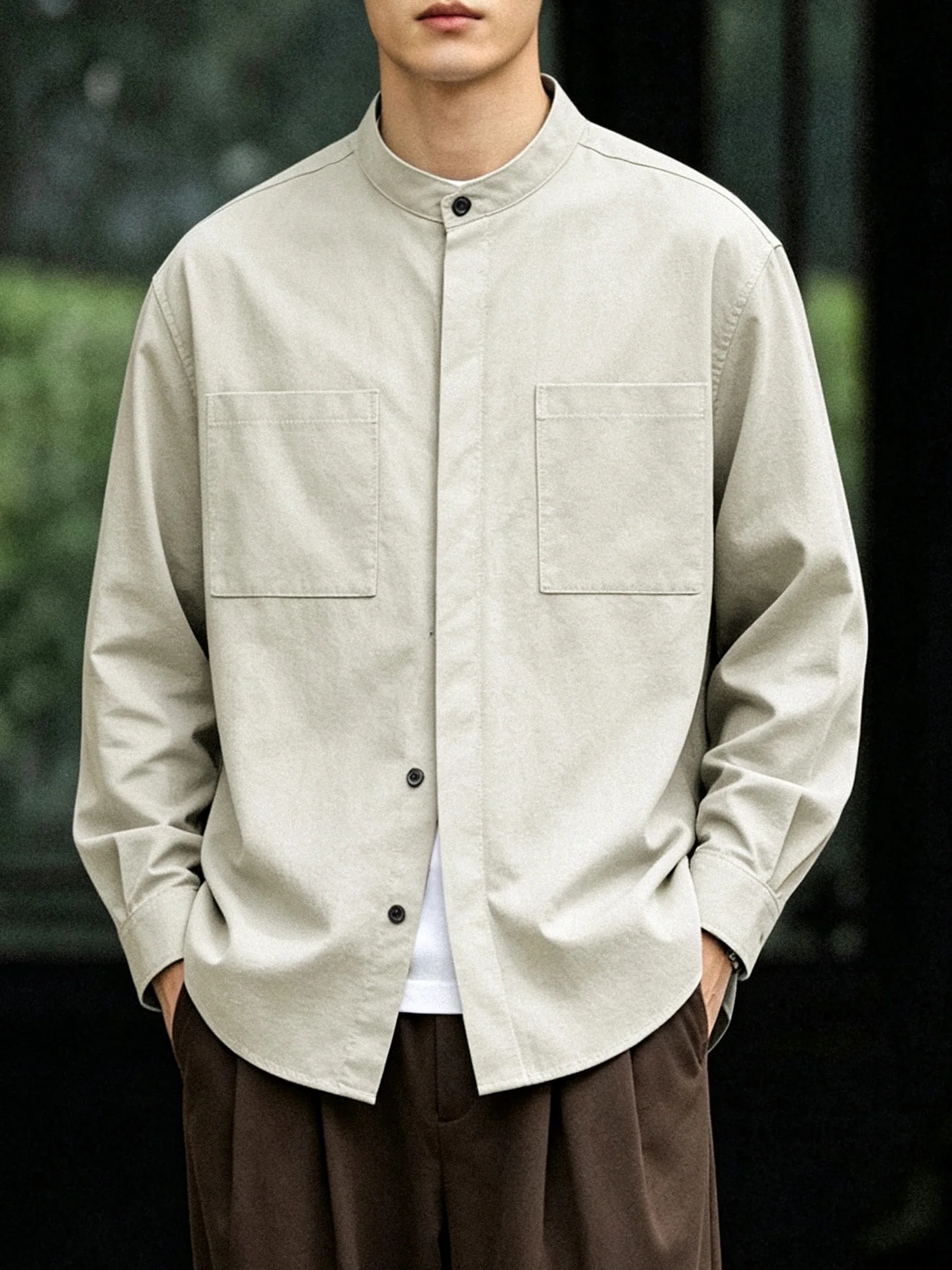 New Chinese Style Long Sleeve Shirt Men's Loose Large Size No Ironing Anti-Wrinkle Commute Casual Outerwear Stand Collar