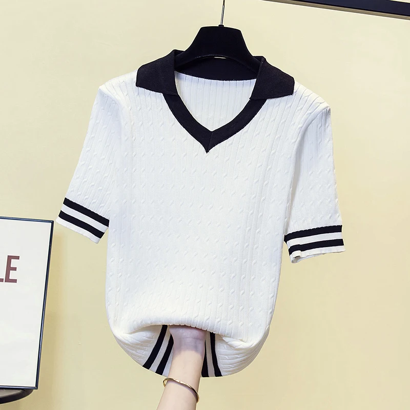 2023 Summer Striped Knitted Sweater T-shirt Women Color-blocked V-neck Short Sleeve Tops Pullover Casual Workwear Jumper