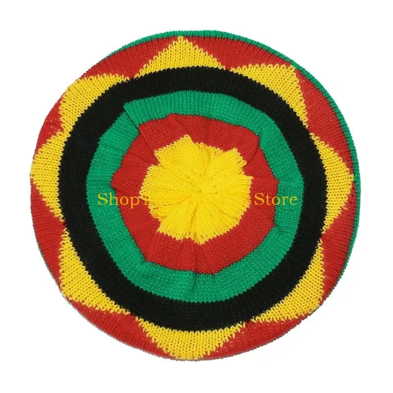 49MC Comfortable Stretchable Jamaican Hat Rainbow Color Knitted Reggae Hat Machine Washable Travel Friendly Headwear