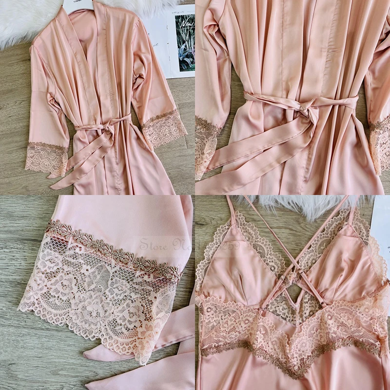 Lato Sexy Twinset szata zestaw kobiet Kimono szlafrok suknia patchworkowa koronka bielizna nocna koszula nocna luźna koszula nocna domowa salon nosić — zdjęcie 7