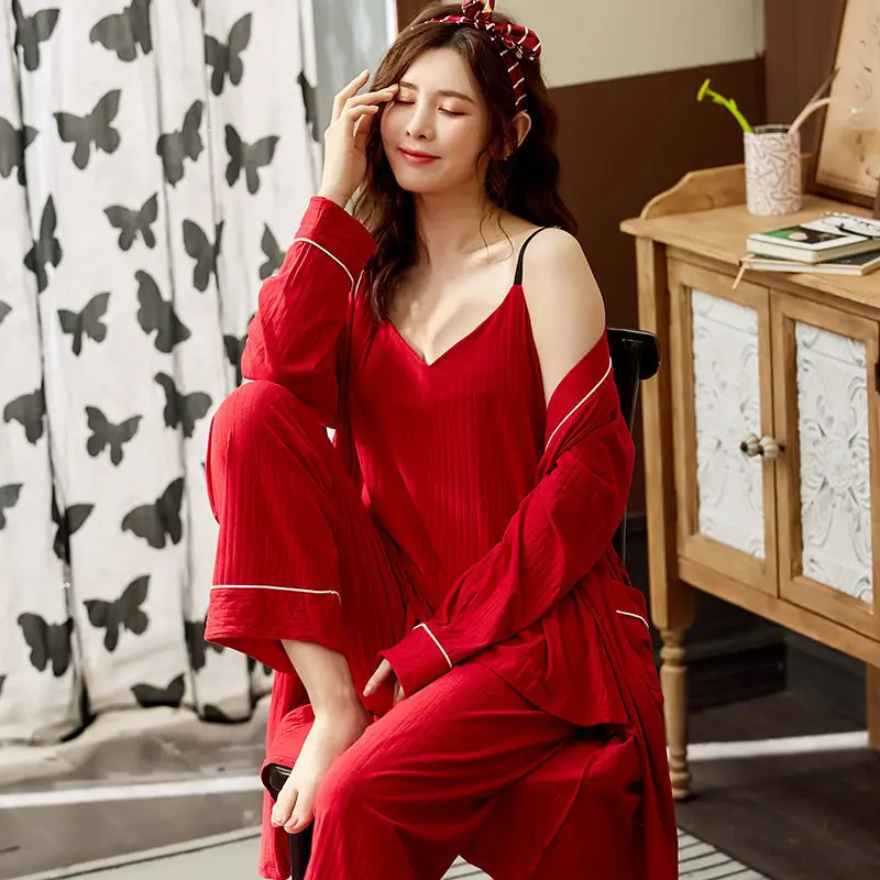 

3 Piece Spring Summer Women Pajamas Sets Cotton Robe Top And Long Pants Female Sleepwear Night Suit Nightgowns Homewear X128