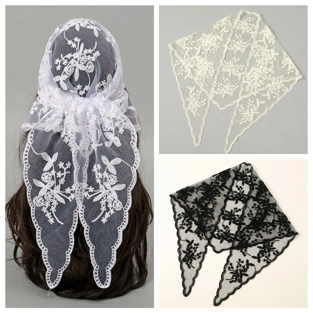 

New Hollow Out Lace Scarf Solid Color Thin Hair Scarf Headband Embroidery Vintage Lace HandkerChiefs Women