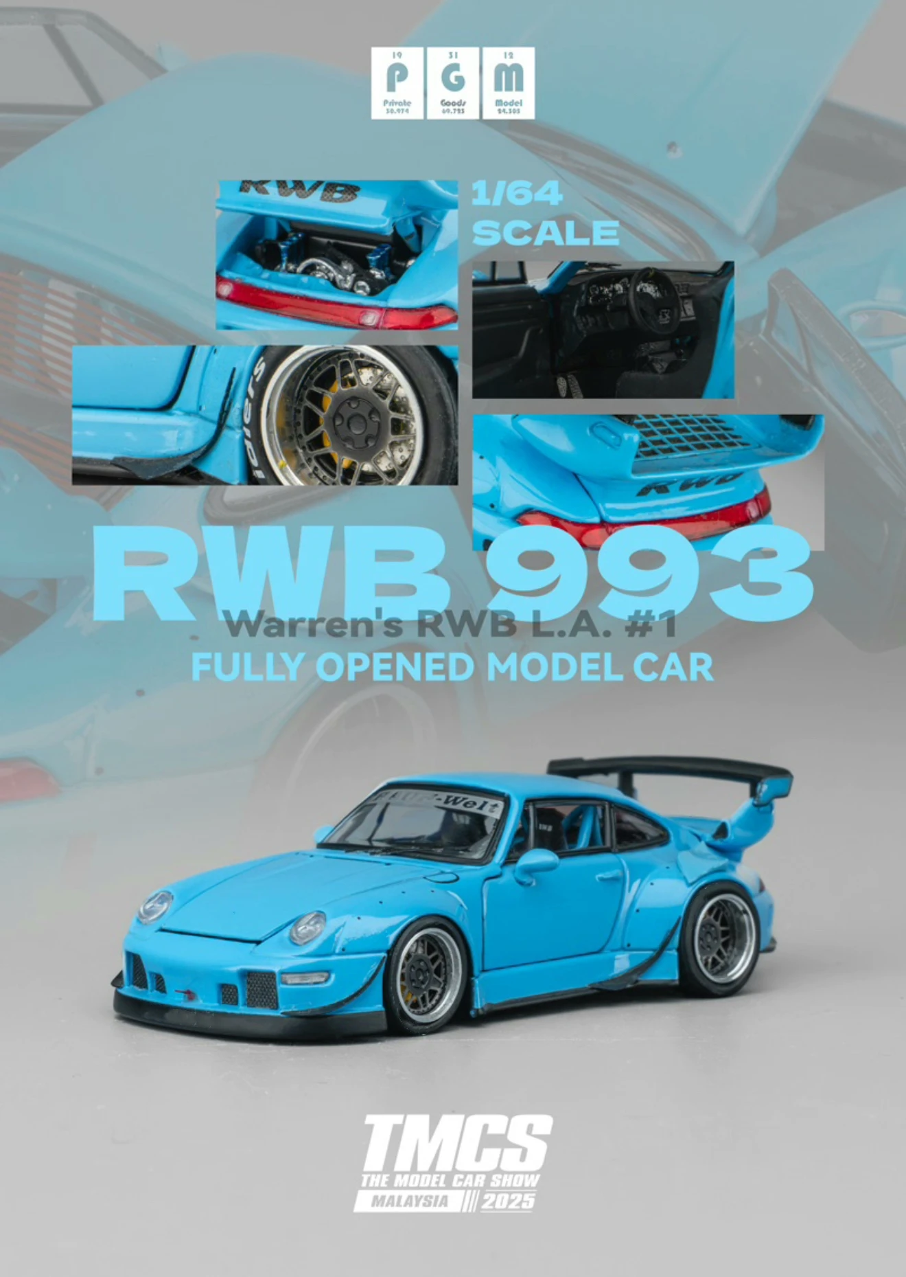 

Литая под давлением модель автомобиля PGM 1:64 RWB 993 930 2025 TMCS MALAYSIA, ограниченная серия