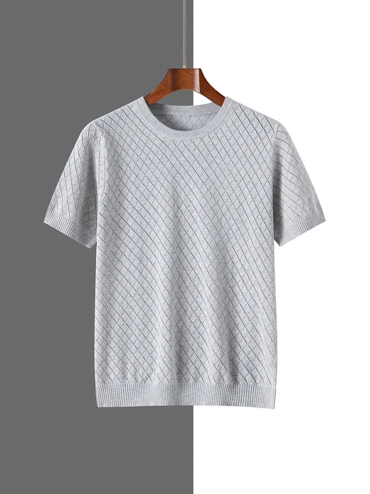 100% pure cotton thread short sleeved spring/summer round neck loose solid color hollow out plaid base knitted t-shirt