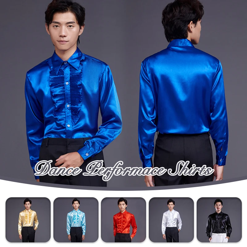 Lace Gossip Men Solid Color Dance Shirt Competition Performance Ballroom Modern Salsa Tango Samba Latin Top Men Boys Dancewear