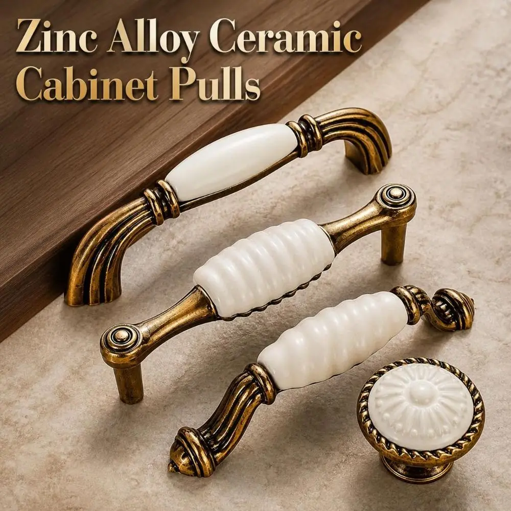 Zinc Alloy Ceramic Cabinet Pulls European Style Retro Vintage Drawer Handles Antique Gold Sturdy Antique Dresser Knobs Furniture