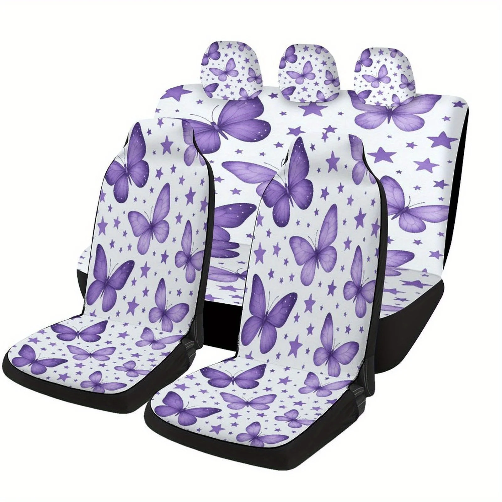

Purple Butterflies Stars Designed Car Seat Cover Set For Most Cars, Trendy Novelty High-quality Car Seat Protector Covers Full S