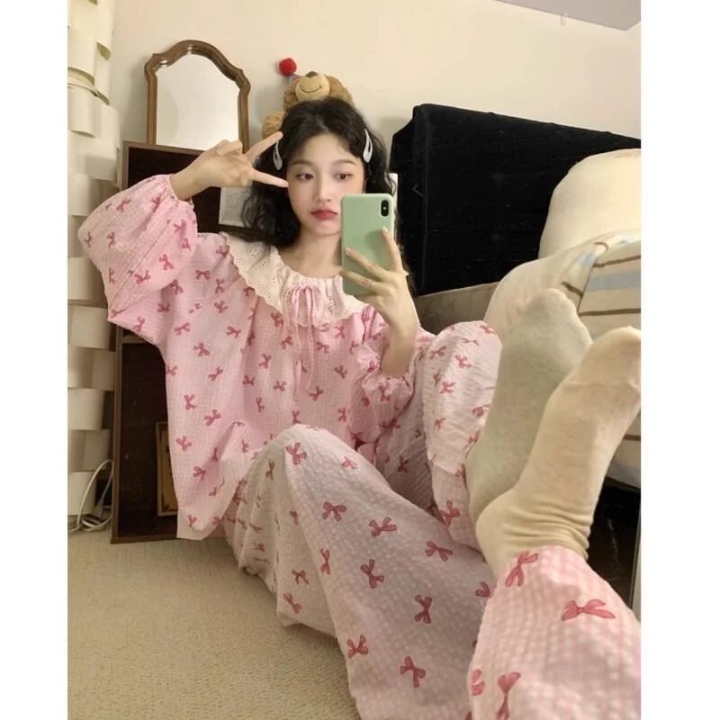 Pijamas franceses Retro de Instagram para mujer, conjunto de manga larga para primavera y otoño, ropa cómoda, dulce y bonita de encaje para el hogar, nuevo estilo