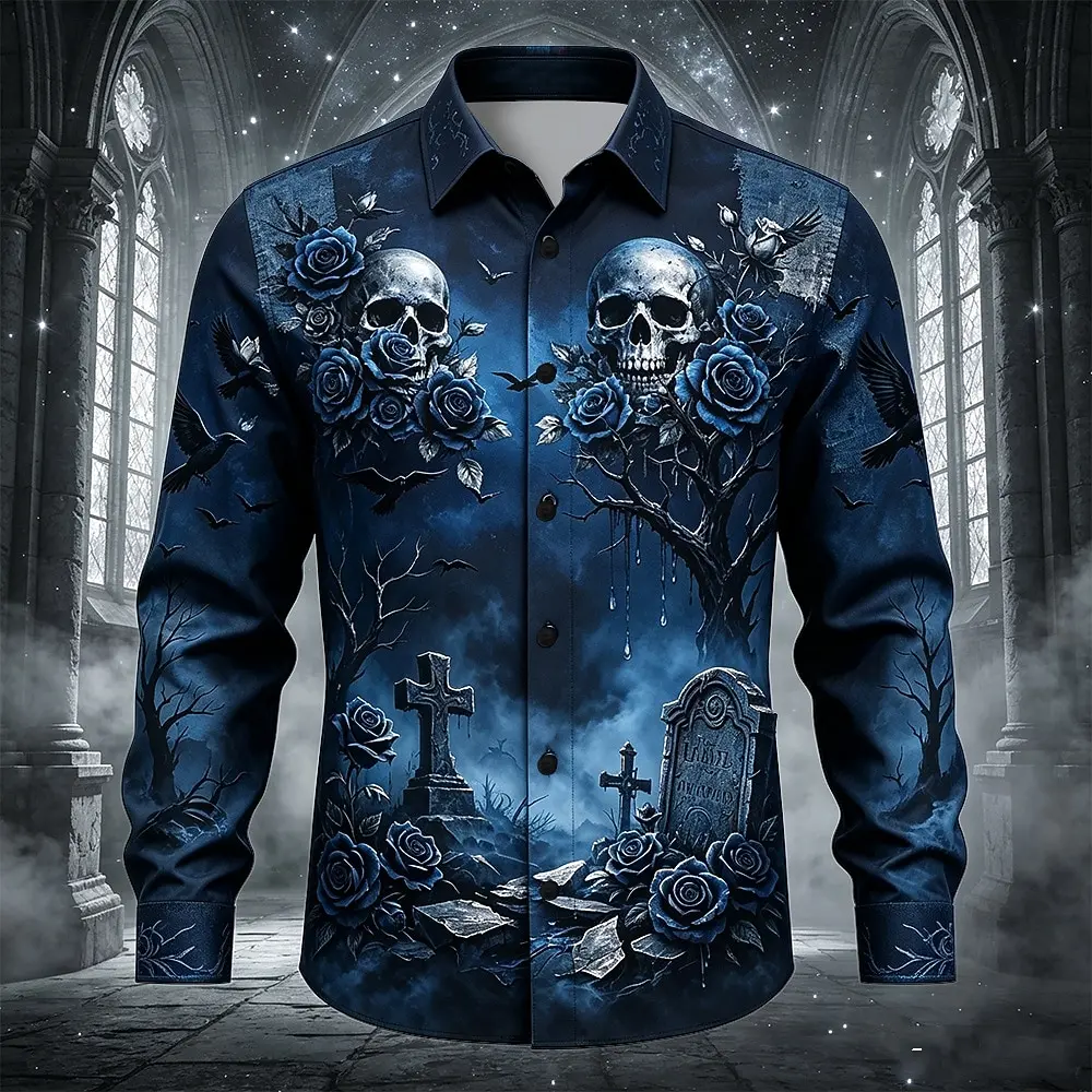 Men's Gothic Skull Blue Rose Print Long Sleeve Shirt Turn‑Down Collar Button Up Halloween Casual Shirts
