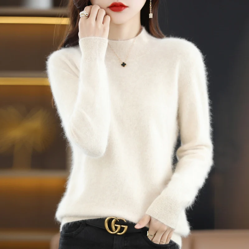 2024 Women\'s Sweater Hoodie Pure Mink Cashmere Knitted Half High Neck Long Sleeve Winter Warm New Style Solid Color High Fashion