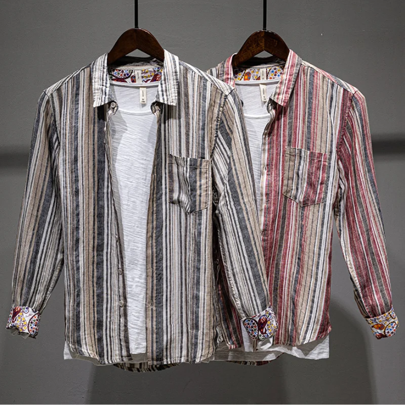 Spring Autumn Men\'s Stripe Linen 100% Daily Pocket Shirts Long Sleeve Slim Fit Casual Men Turn-down Collar Thin Tops Clothes