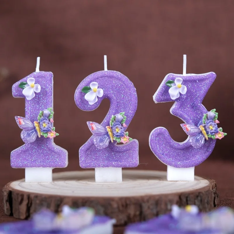 Number 0-9 Candles Girl Birthday Cake Butterfly Lilac Purple Flowers Party Decoration DIY