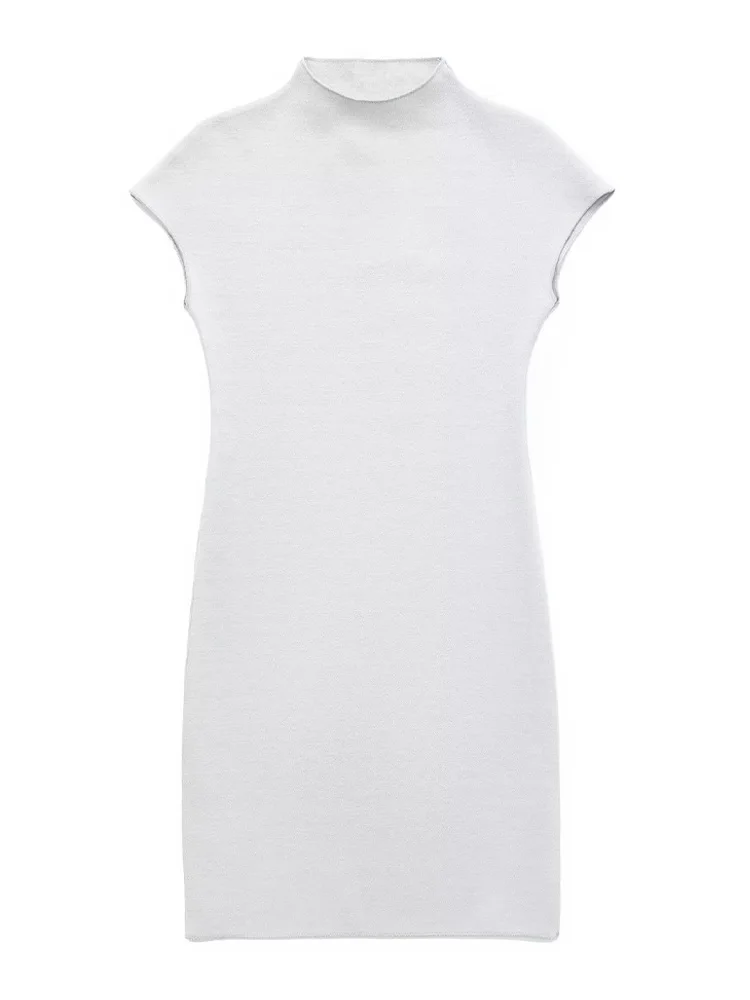 TRZA Damesmode stretch gebreide mini-jurk Vintage hoge hals mouwloze vrouwelijke jurken vestidos mujer