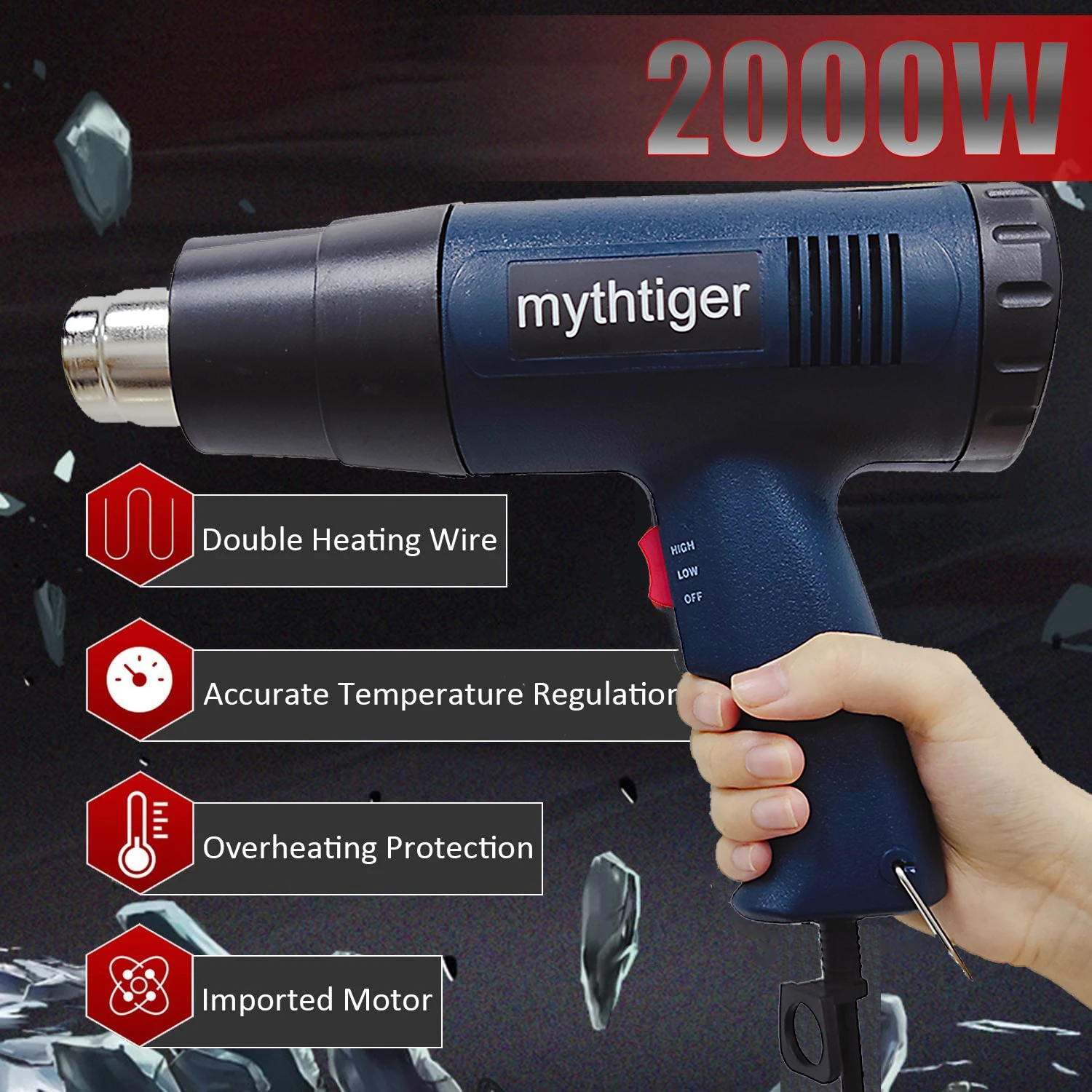 Mythtiger-secador de pelo Industrial de 2000W, pistola de aire caliente, envoltura de aire, pistola de calor para soldadura, envoltura retráctil, decapador térmico de aire caliente