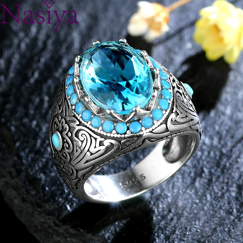 Silver Color Ring for Men with Oval Blue Zircon Stone Ring Aquamarine Gemstone Jewelry Male Thai Silver Party Jewelry Gifts