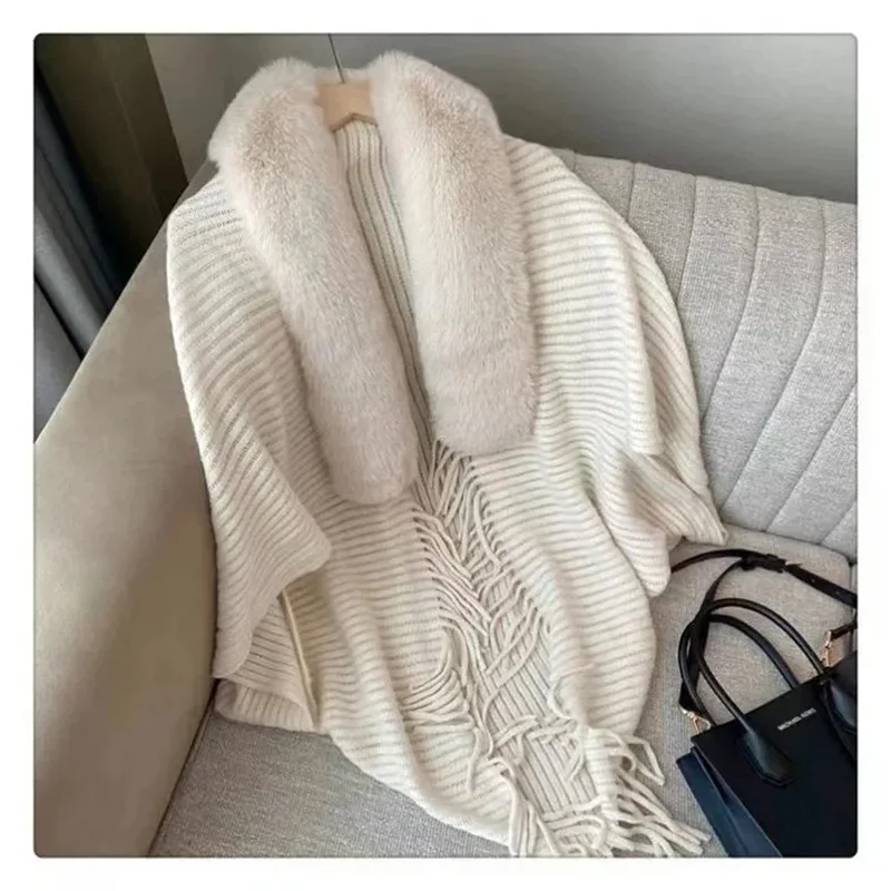 High End Fashion Large Fur Collar Knitted Shawl Cloak Jacket NEW Autumn Winter Women Cardigan Outside French Style Tassels Cape