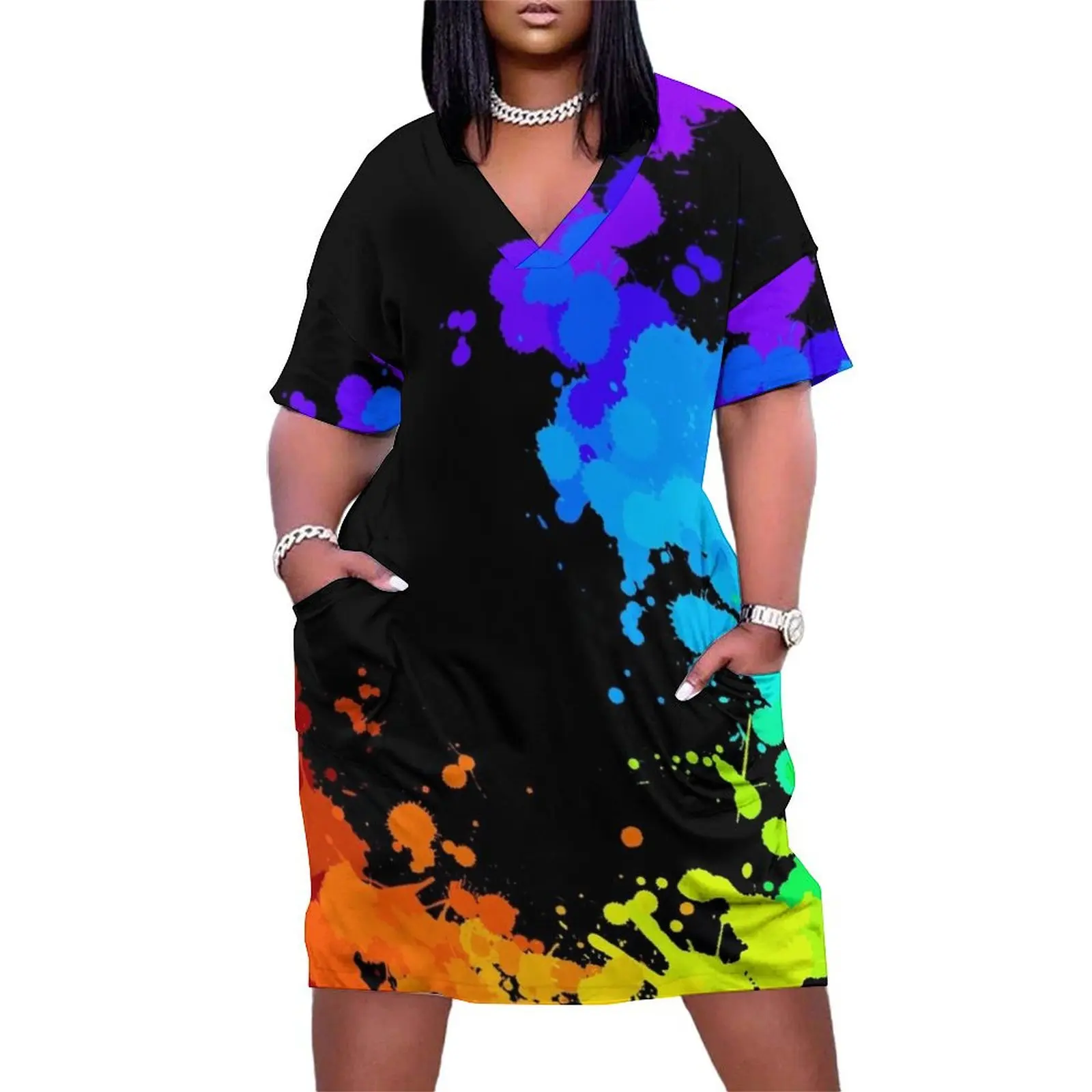 Rainbow Splatter Loose Pocket Dress dresses women summer 2024 Summer skirt dress korean style