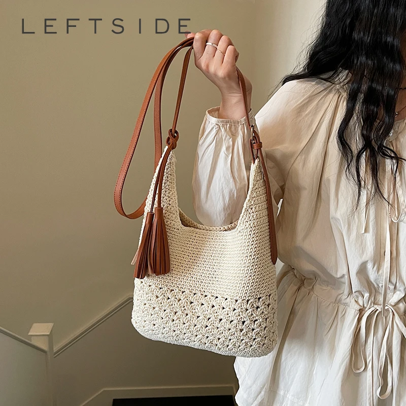 

Women's Crochet Woven Leather Tassel Shoulder Bag Retro Casual Aesthetic Daily Travel Crossbody Bag 2026 New Trend Handbags