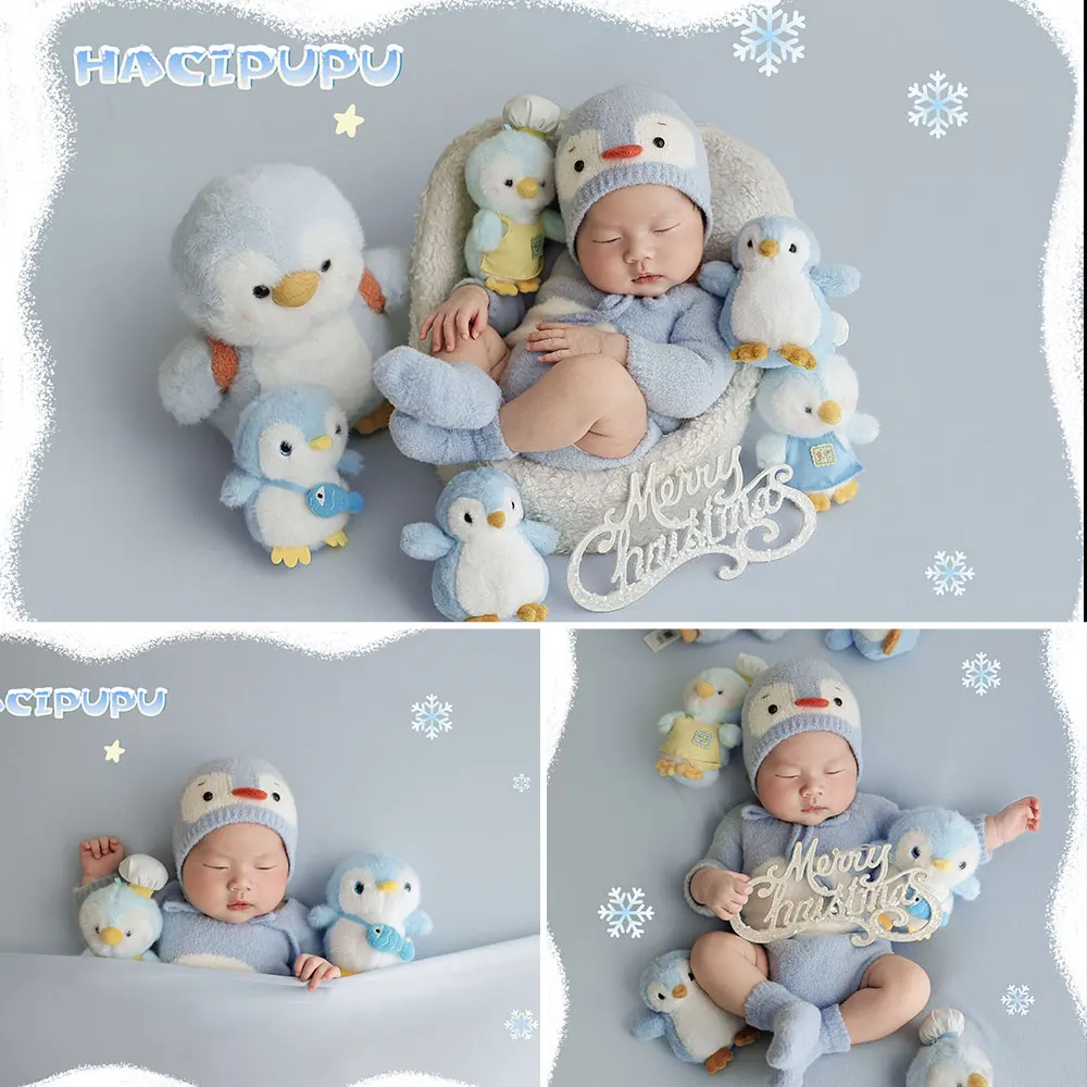 

0-1 Month Penguin Newborn Photography Props for Baby Christmas Theme Knitted Baby Outfit Set and 6 Pcs Penguin Doll for Posing