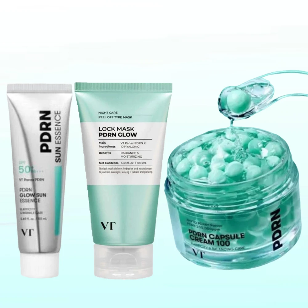 VT PDRN Cuidados Faciais - Creme em Cápsula para Elasticidade, Essência Protetora Solar SPF50+, Máscara Noturna Peel Off, Brilho Iluminador