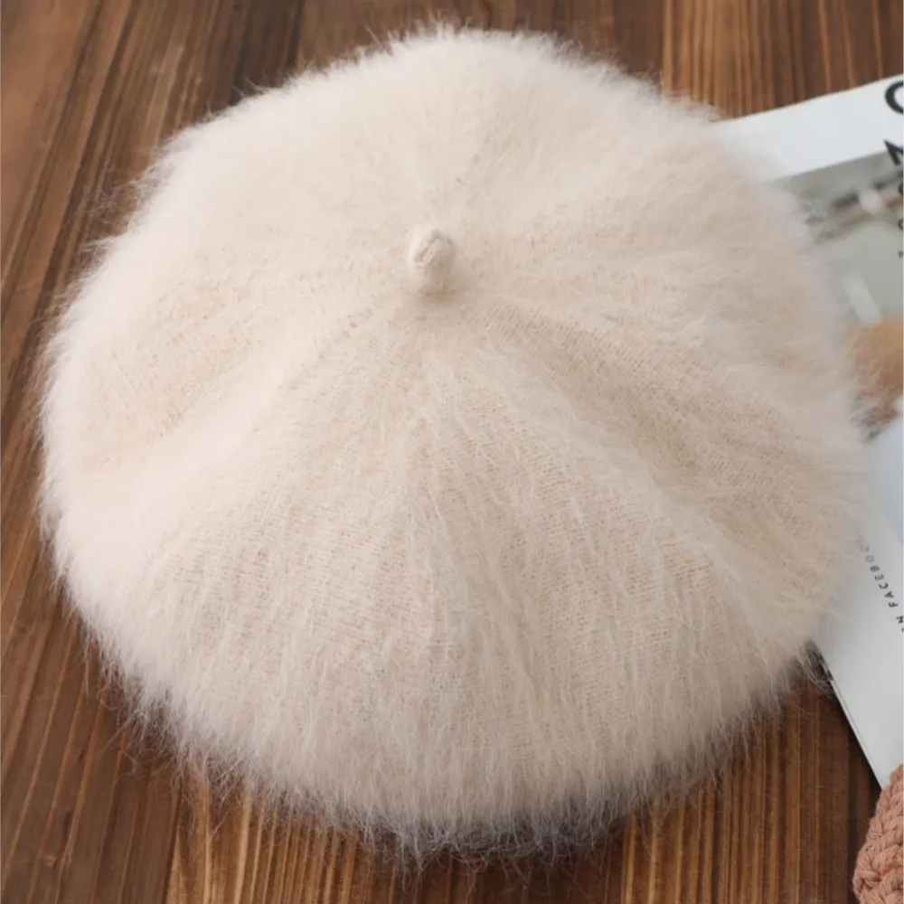 Stylish Mink Fur Fluffy Beret Women Vintage Elegant Look Windproof Warm Plush Texture Outdoor Travel Headwear