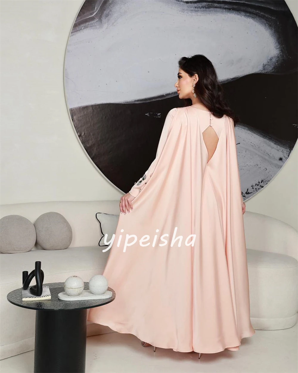 Satin Beading Draped Pleat Christmas A-line Square Collar Bespoke Occasion Gown Midi Dresses