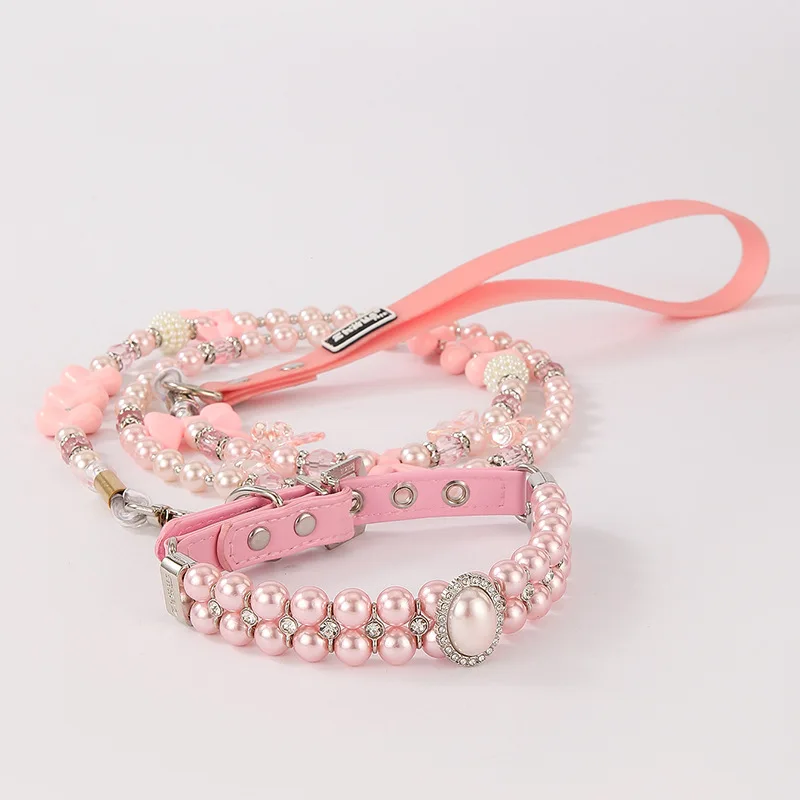 

Роскошный двухрядный комплект ошейника и поводка для домашних животных с большим жемчугом и кристаллами, прочным стальным тросом – кожаный ошейник для собак с бисером