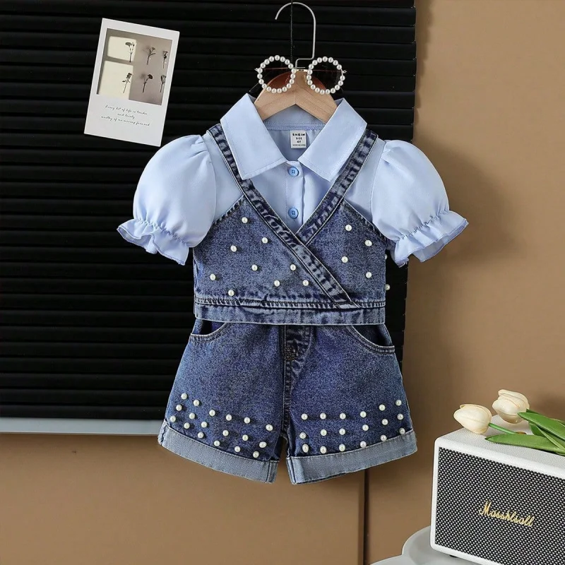 

New Summer Girls' Three-Piece Set: Collared Shirt, Denim Vest, and Beaded Jeans