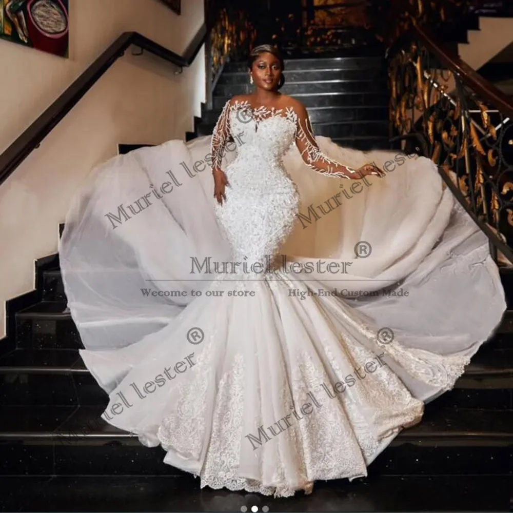 

Arabic Dubai Mermaid Wedding Dresses For Bride Illusion Long Sleeves Beaded Lace Appliques Bridal Gowns Customized Women Dress