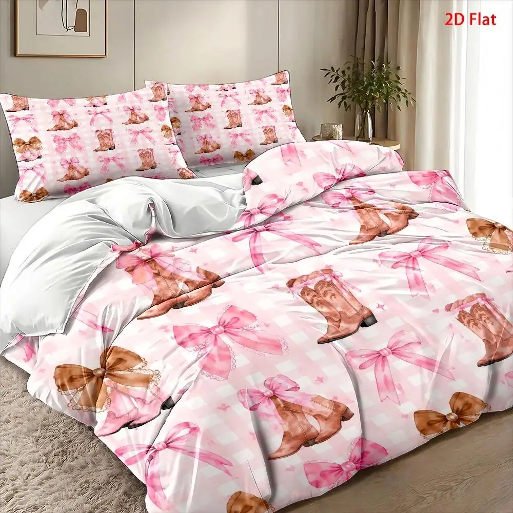 Pink Cowboy Boots and Bowknot Theme Three-Piece Bedding Set (1*Duvet Cover + 2*Pillowcases), Comforter Sets Quilt Cover Bedding Set Breathable Polyester Invisible Zipper Machine Washable