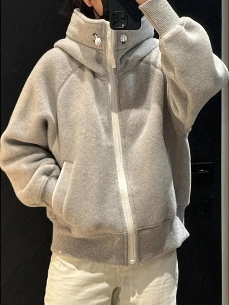 

ROUJE KEFSS Women's Fleece Lined Zipper Hooded Open Cardigan Sweatshirt Jacket Regular Shoulder Shape Pear Shape