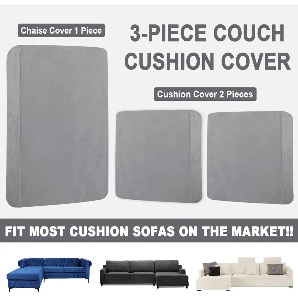3-Piece Velvet Sofa Cover Set for L-Shape Couch with 2 Pillowcases, Light Grey (2 Seater + Chaise)