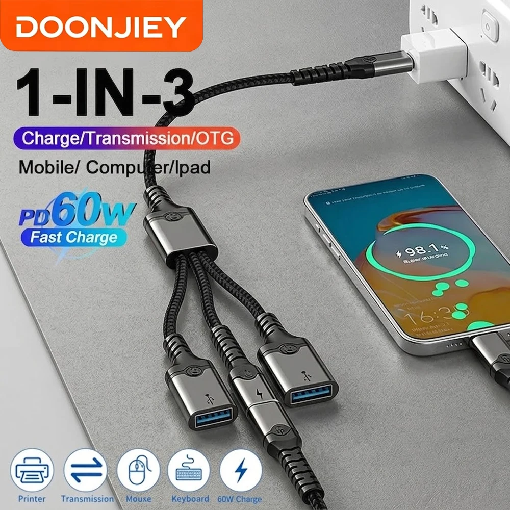 DOONJIEY USB A & Type C Splitter Hub, 60W Charging Data Sync Multi-Port Expander OTG Adapter Cable for Phone, Tablet, Laptop