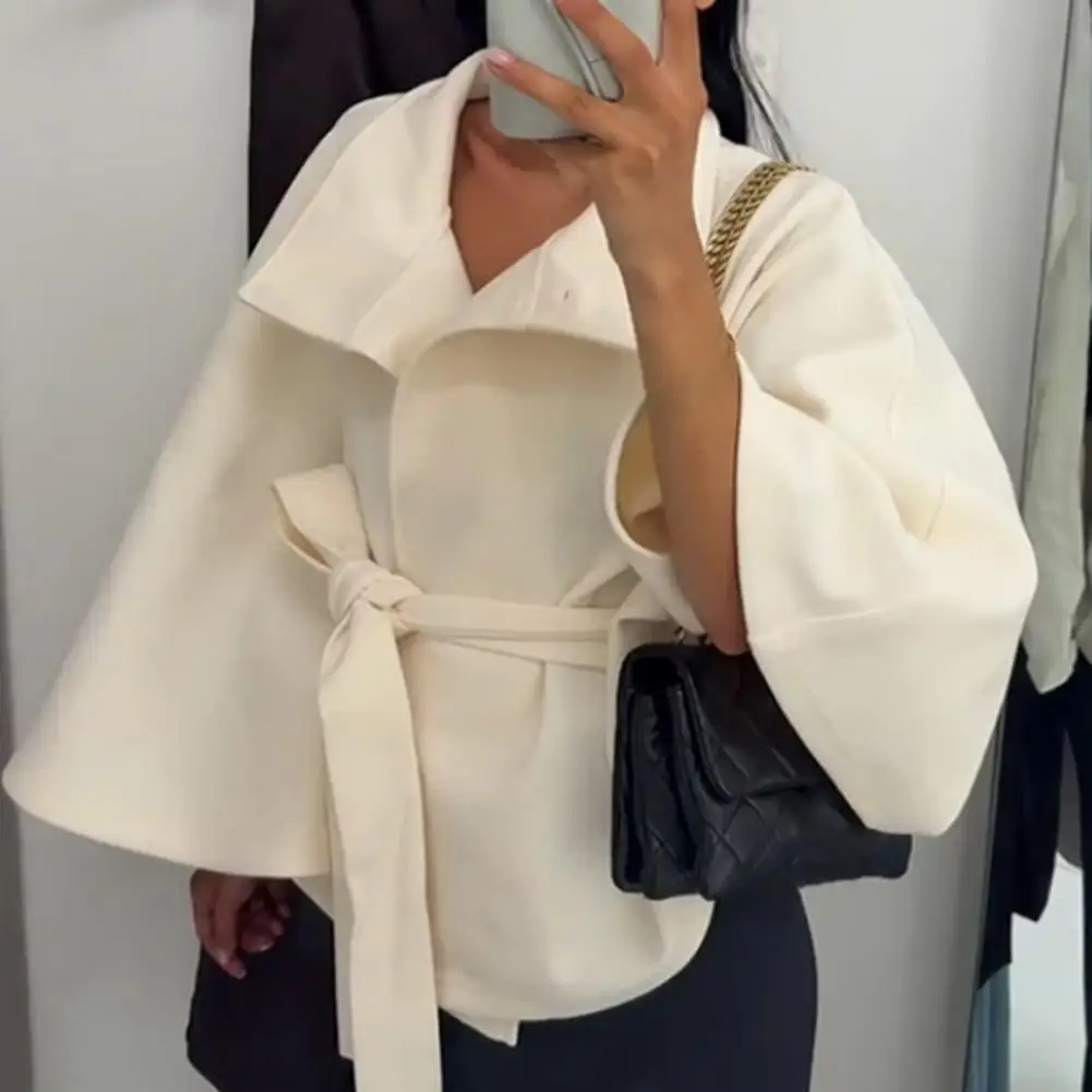 Adjustable Waistband Coat Belted Trench Coat Women’s Wool Poncho Coat with Batwing Sleeves Belt Stand Collar Cropped for Fall