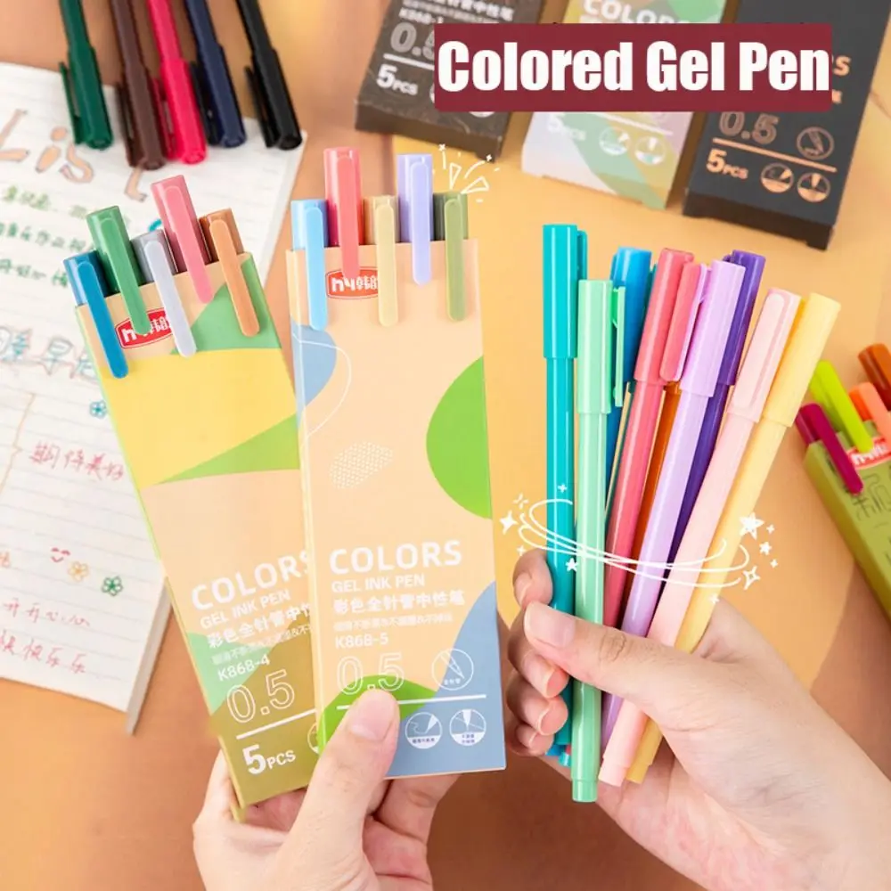 5Pcs Retro Colored Gel Pen 0.5mm Fine Point Ballpoint Pens Quick-drying Question Pen Office